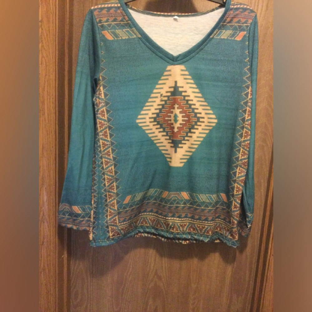 Long sleeve, southwest pattern, v neck shirt